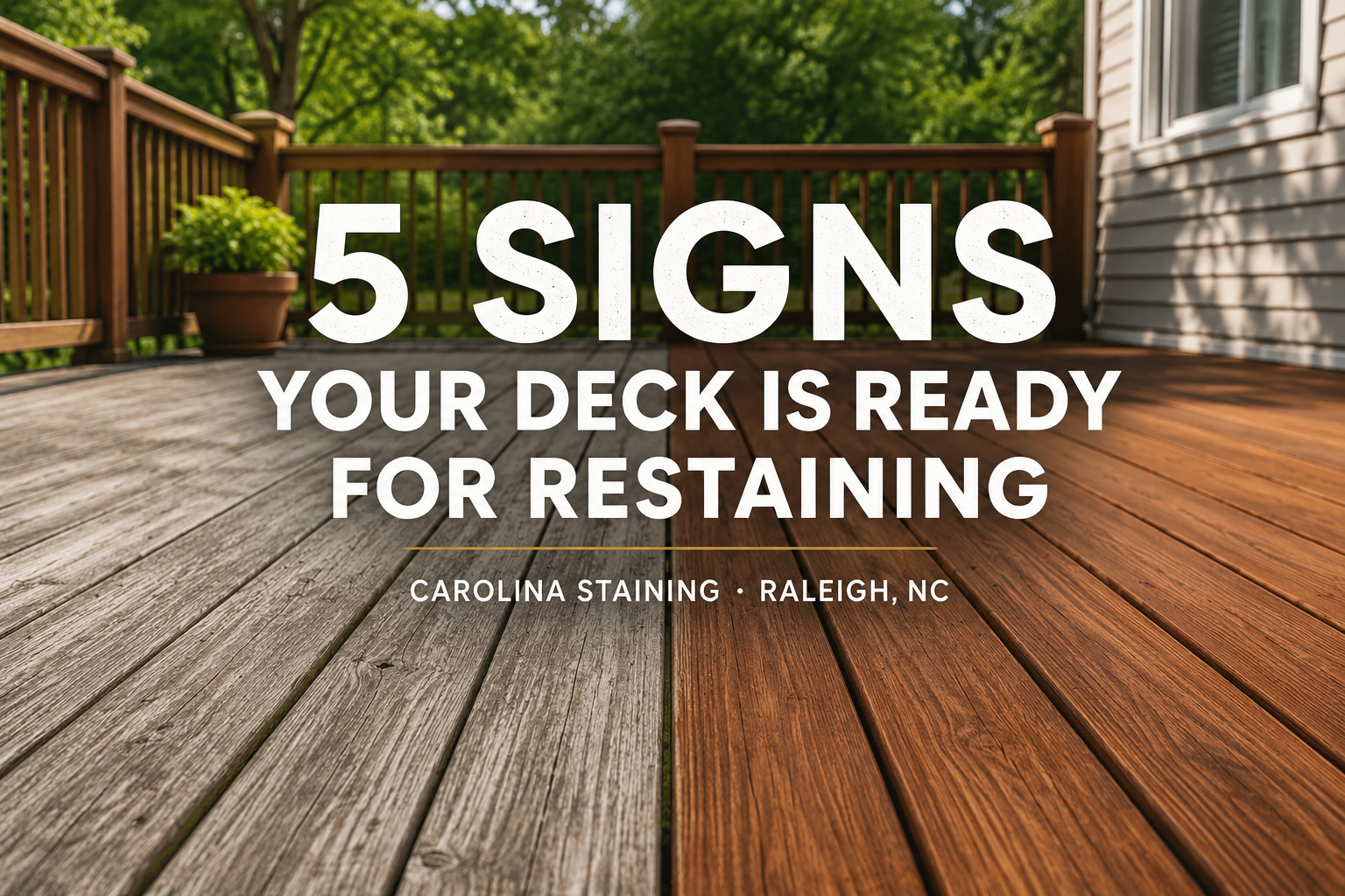 Before and after view of a weathered deck restored with fresh stain